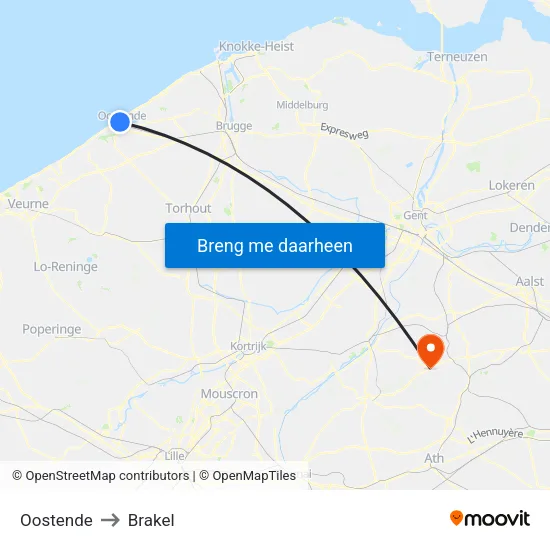 Oostende to Brakel map
