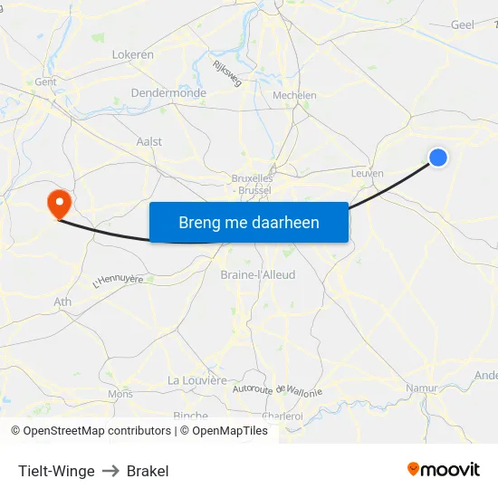 Tielt-Winge to Brakel map