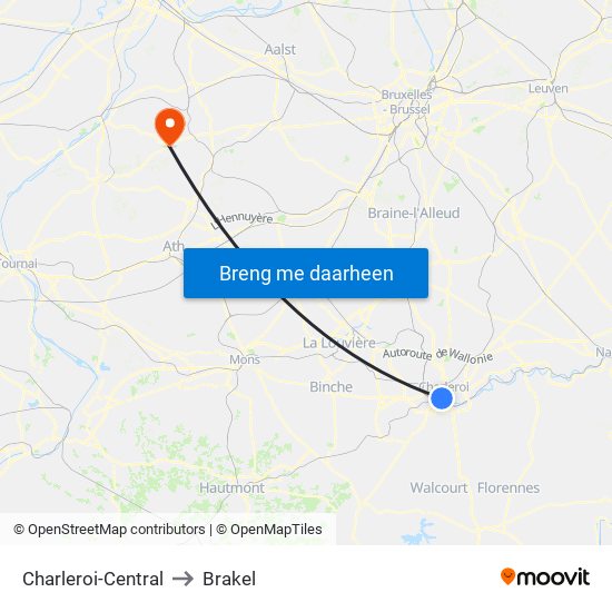 Charleroi-Central to Brakel map