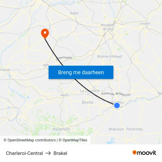 Charleroi-Central to Brakel map