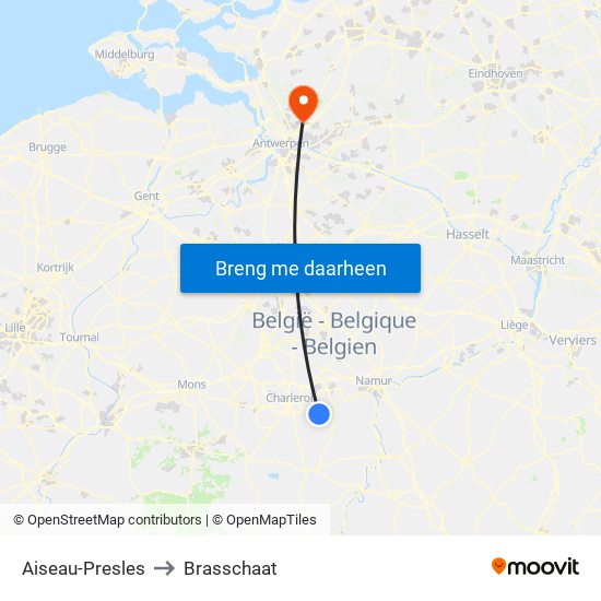Aiseau-Presles to Brasschaat map