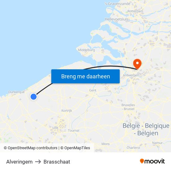 Alveringem to Brasschaat map