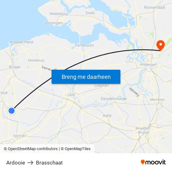 Ardooie to Brasschaat map