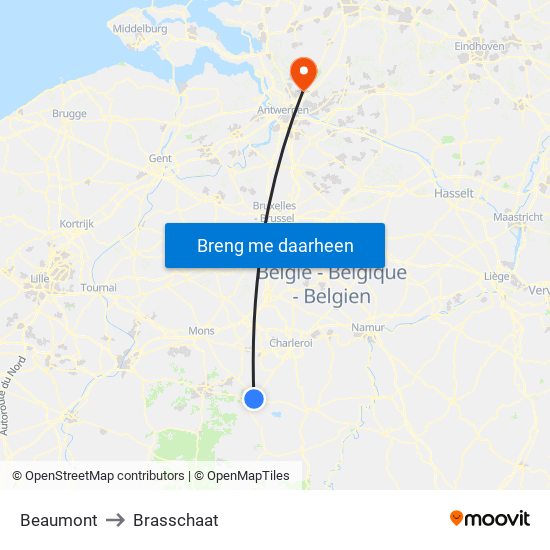 Beaumont to Brasschaat map