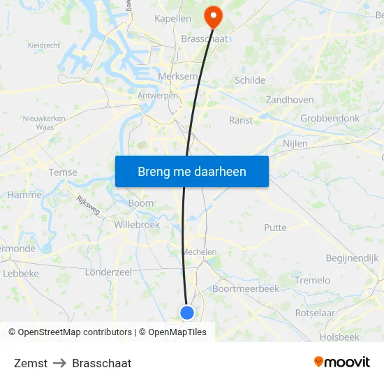 Zemst to Brasschaat map