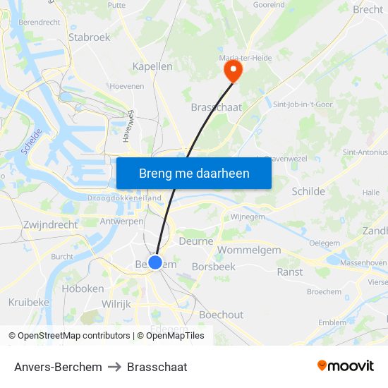 Anvers-Berchem to Brasschaat map