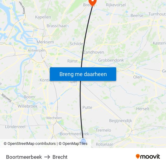 Boortmeerbeek to Brecht map