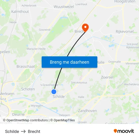 Schilde to Brecht map