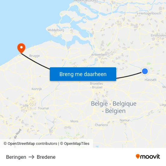 Beringen to Bredene map