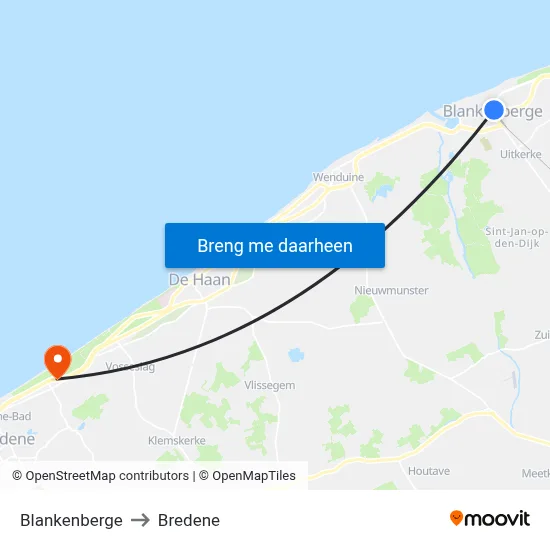 Blankenberge to Bredene map