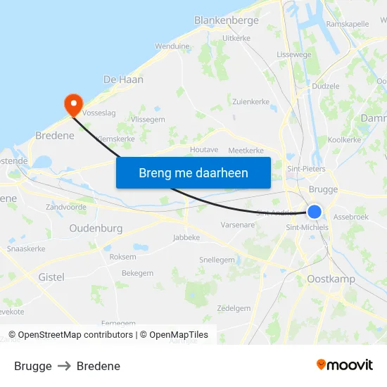Brugge to Bredene map