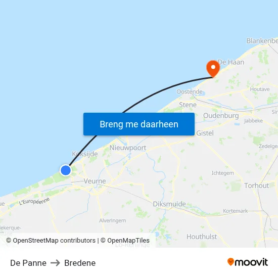 De Panne to Bredene map