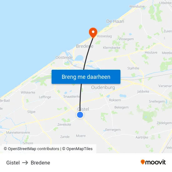 Gistel to Bredene map