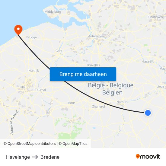 Havelange to Bredene map