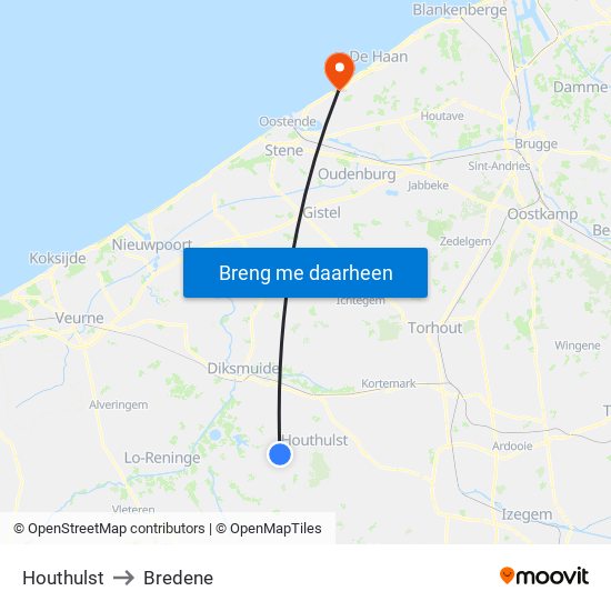 Houthulst to Bredene map