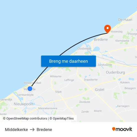 Middelkerke to Bredene map