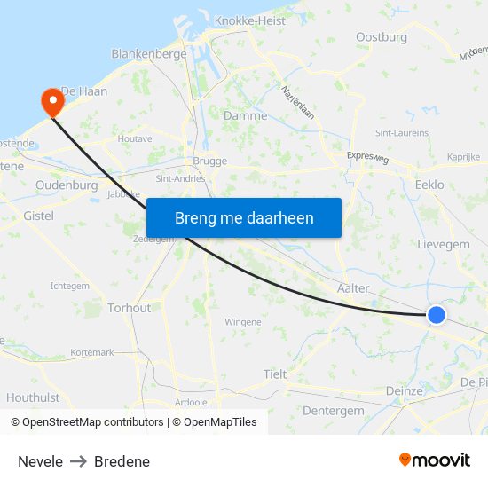 Nevele to Bredene map