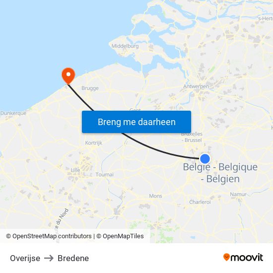 Overijse to Bredene map