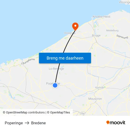 Poperinge to Bredene map