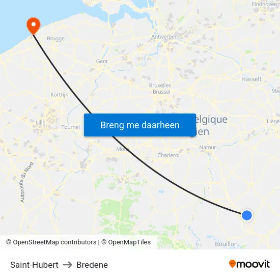 Saint-Hubert to Bredene map