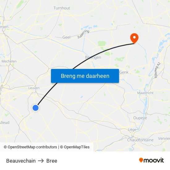 Beauvechain to Bree map