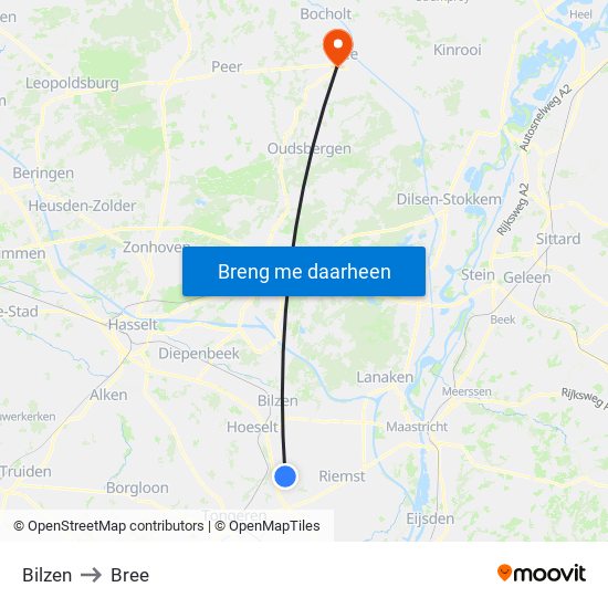 Bilzen to Bree map