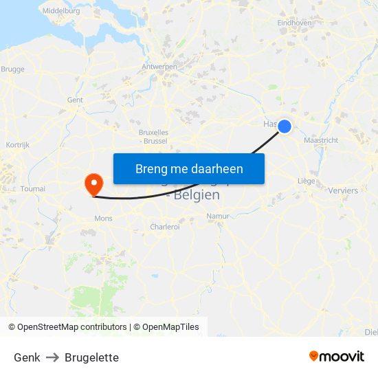 Genk to Brugelette map