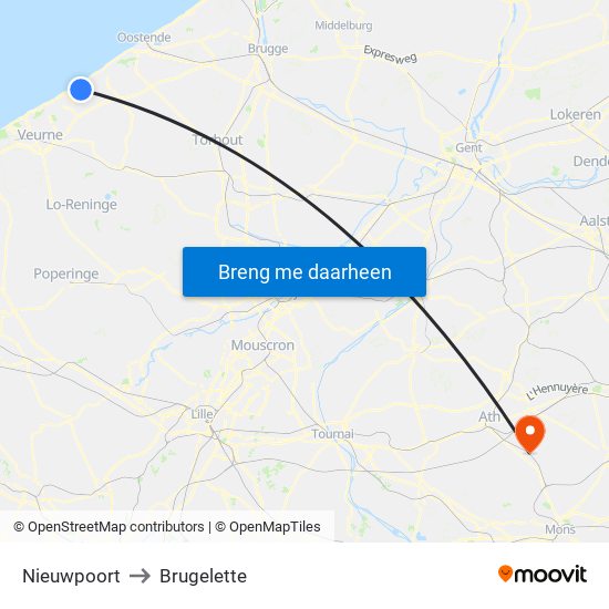 Nieuwpoort to Brugelette map