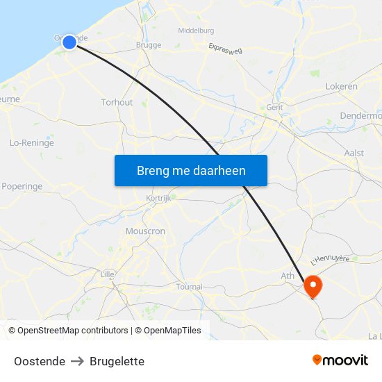 Oostende to Brugelette map