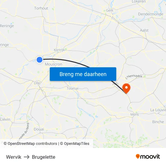 Wervik to Brugelette map