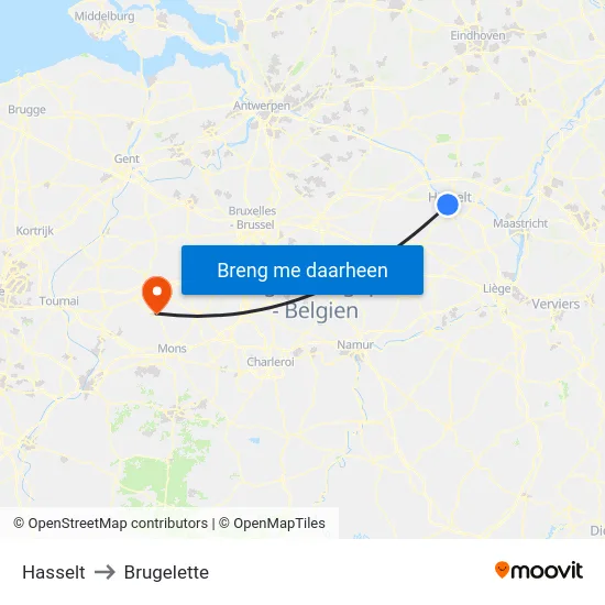 Hasselt to Brugelette map