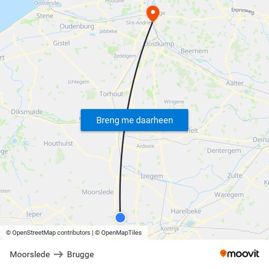 Moorslede to Brugge map