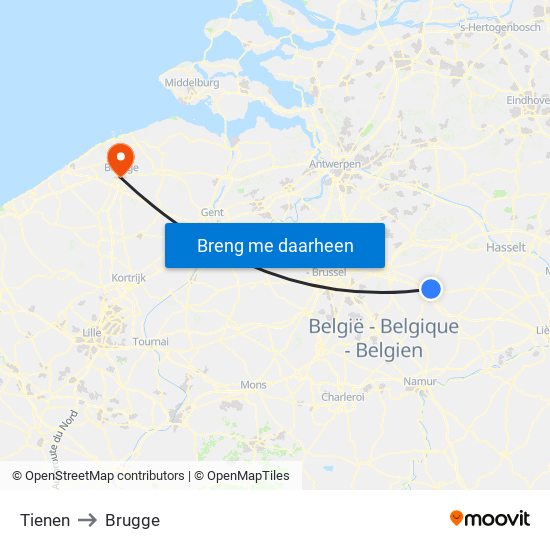 Tienen to Brugge map