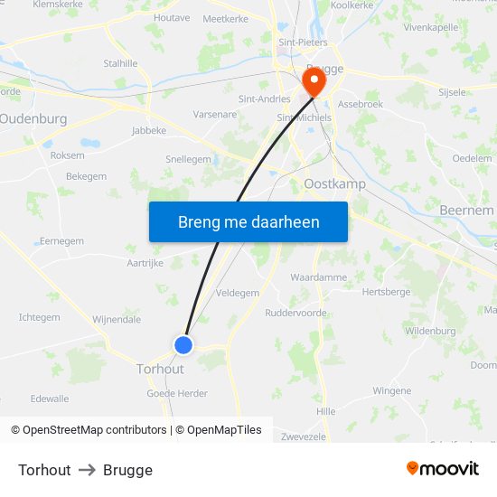 Torhout to Brugge map