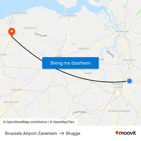 Brussels Airport-Zaventem to Brugge map