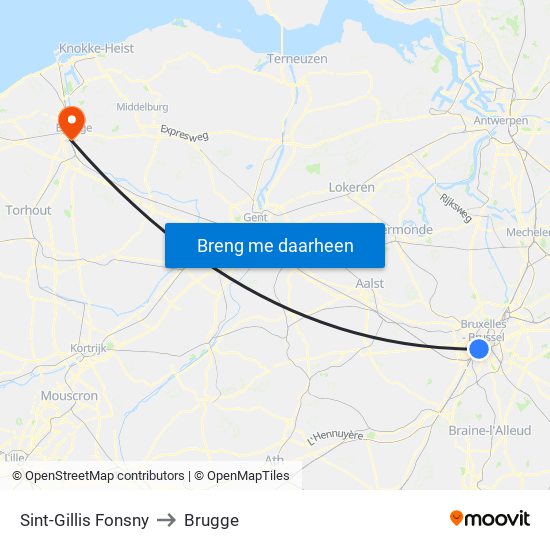 Sint-Gillis Fonsny to Brugge map