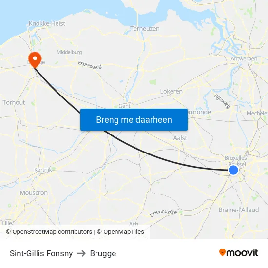 Sint-Gillis Fonsny to Brugge map