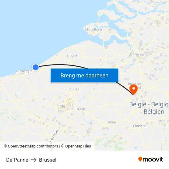 De Panne to Brussel map