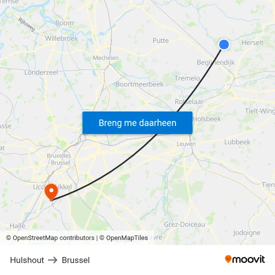Hulshout to Brussel map