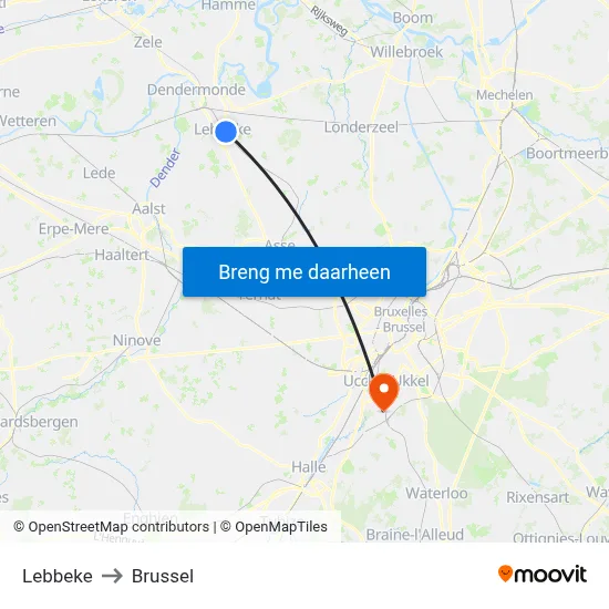 Lebbeke to Brussel map