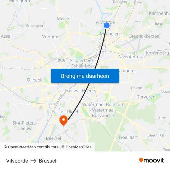 Vilvoorde to Brussel map