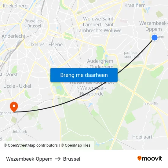Wezembeek-Oppem to Brussel map