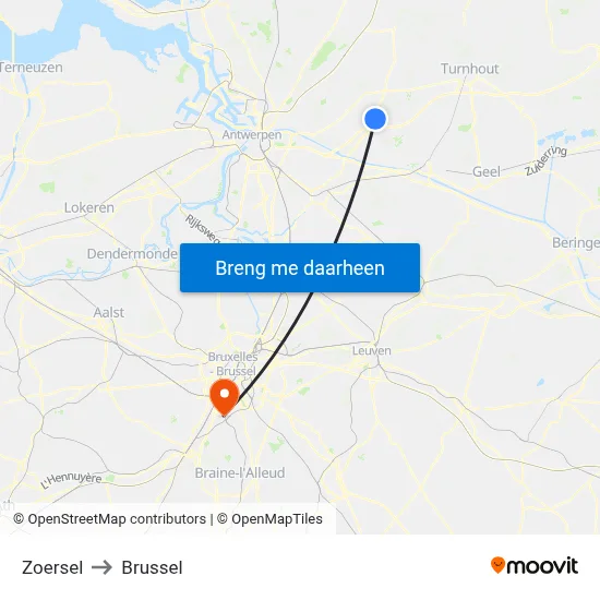 Zoersel to Brussel map