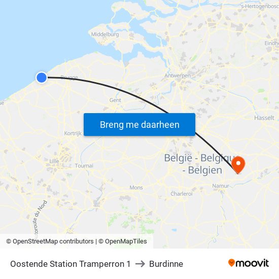 Oostende Station Tramperron 1 to Burdinne map
