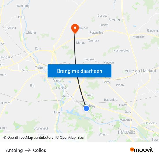 Antoing to Celles map