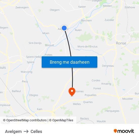 Avelgem to Celles map