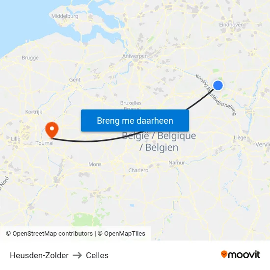 Heusden-Zolder to Celles map