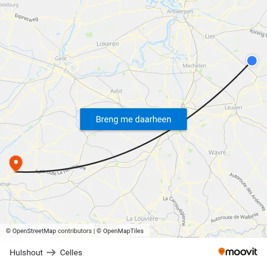 Hulshout to Celles map