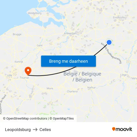 Leopoldsburg to Celles map