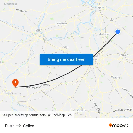 Putte to Celles map
